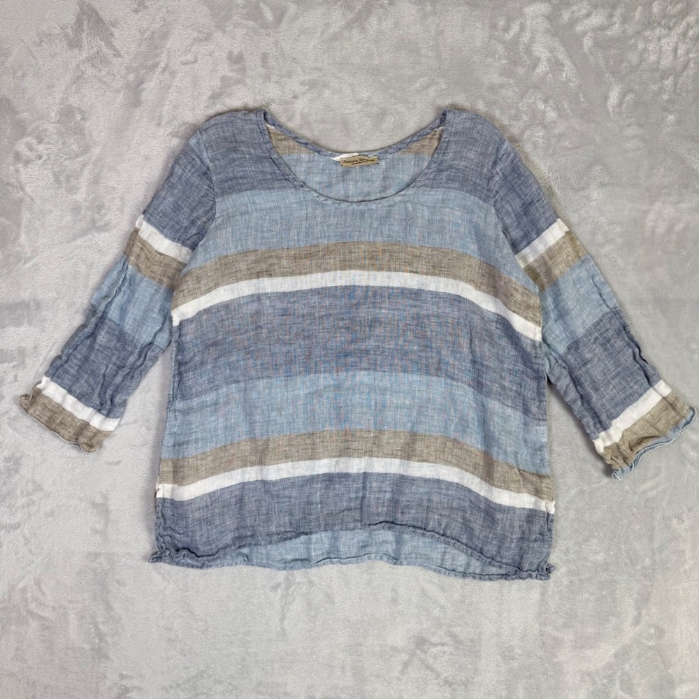 Sartoria Saracena Linen Top Women Medium Blue Striped Made in Italy 3/4 Sleeve